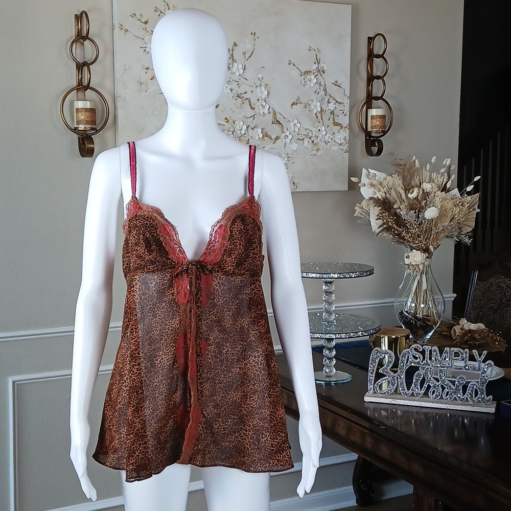 Victoria's Secret Sheer Leopard Chemise Mini Dress Pink Floral Trim Lingerie M